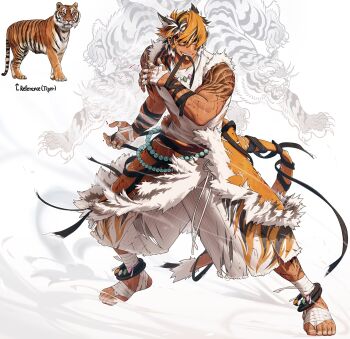 1boy animal anklet bandage_in_mouth bandaged_arm bandaged_foot bandaged_hand bandages belt biting black_belt black_hair bleeding blood blood_on_arm bloody_bandages facial_hair fighting_stance flame_print full_body fur-trimmed_shirt fur_trim grin highres injury irezumi jewelry legs_apart looking_to_the_side male_focus multicolored_hair multicolored_pants muscular muscular_male necklace no_shoes orange_eyes orange_hair original pants pelt reference_inset rinotuna shirt short_hair shoulder_tattoo smile solo spiked_hair standing streaked_hair tail tattoo tiger tiger_boy tiger_tail torn_clothes torn_pants torn_shirt white_background white_hair white_pants white_shirt