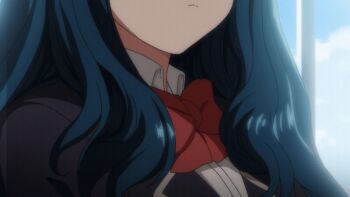 1girl 2022 20s animated animated_gif blue_hair bow breasts bunnywalker classroom cloud cloudy_sky collar expressionless long_hair nozaki_yuu petite pink_eyes red_bow saimin_seishidou school school_uniform shirt sky small_breasts solo t-rex_(animation_studio) tagme very_long_hair white_collar white_shirt window