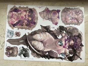 1girl armored_boots bandaged_leg bandages black_gloves boots breasts censored character_request cleft_of_venus copyright_request curvy elbow_gloves flower gloves hair_over_one_eye highres large_breasts looking_at_viewer multiple_views navel novelty_censor nude one_eye_covered parkjinsuky parted_bangs parted_lips photo_(medium) pubic_tattoo purple_eyes purple_flower purple_hair pussy shibari short_hair tattoo traditional_media