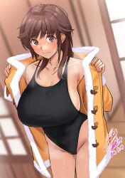 Rule 34 | 1girl, amagami, artist name, birthday, black one-piece swimsuit, blush, breasts, brown coat, brown eyes, brown hair, cleavage, closed mouth, coat, collarbone, commentary, competition school swimsuit, competition swimsuit, cowboy shot, dated, duffel coat, embarrassed, fur-trimmed coat, fur trim, groin, highleg, highres, huge breasts, indoors, looking at viewer, medium hair, one-piece swimsuit, opened by self, raised eyebrows, sakurai rihoko, school swimsuit, sideboob, sidelocks, signature, solo, standing, sweatdrop, swimsuit, swimsuit under clothes, window, yoo tenchi