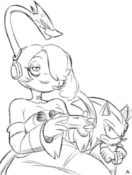 1girl bare_shoulders breasts controller game_controller leviathan_(skullgirls) macholor monochrome shadow_the_hedgehog simple_background sitting skullgirls smile sonic_(series) squigly_(skullgirls) zombie