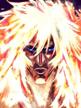 123_(itinino_3) 1boy alternate_hair_color blue_sclera calgara colored_sclera dark-skinned_male dark_skin fiery_hair glowing glowing_hair highres lips looking_at_viewer male_focus mature_male one_piece portrait sanpaku solo straight-on tattoo tribal_tattoo tsurime