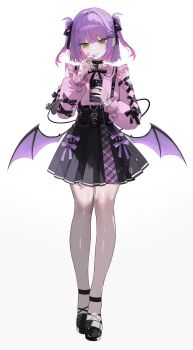 1girl absurdres alternate_costume alternate_hairstyle bandaid bandaid_on_face bandaid_on_hand bandaid_on_wrist barbell_piercing black_bow black_bowtie black_collar black_ribbon black_skirt bow bowtie cellphone closed_mouth collar commentary cross cross-laced_clothes cross-laced_sleeves cross_earrings demon_girl demon_wings ear_piercing earclip earrings frilled_shirt frilled_shirt_collar frills full_body gradient_hair green_eyes hair_bow hair_ornament hair_ribbon hairclip hand_up hashtag-only_commentary heart heart_hair_ornament high-waist_skirt highres holding holding_phone hololive industrial_piercing jewelry jirai_kei kkato leg_tattoo long_sleeves looking_at_viewer low_wings miniskirt multicolored_hair parallel_hairclips phone piercing pink_hair pink_shirt pleated_skirt pointy_ears puffy_long_sleeves puffy_sleeves purple_hair ribbon shirt shirt_tucked_in short_hair simple_background skirt smartphone smile solo strappy_heels suspender_skirt suspenders tail tail_ornament tail_piercing tattoo tokoyami_towa two_side_up virtual_youtuber white_background winged_heart winged_heart_tattoo wings