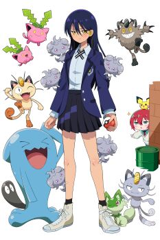 2girls absurdres alolan_form alolan_meowth amate_yuzuriha aqua_eyes aqua_shirt aqua_skirt beanie black_hair black_hat blonde_hair blush closed_mouth collared_shirt commentary_request eggman_(ni_tamagoex) espurr galarian_form galarian_meowth gen_1_pokemon gen_2_pokemon gen_6_pokemon gen_7_pokemon gen_8_pokemon gundam gundam_gquuuuuux hat highres holding holding_poke_ball hoppip jacket long_hair long_sleeves looking_at_viewer meowth multiple_girls necktie nintendo nyaan_(gundam_gquuuuuux) open_mouth pichu poke_ball poke_ball_(basic) pokemon pokemon_(creature) red_hair school_uniform shirt short_hair simple_background skirt smile sprigatito sweater white_background wireless_earphones wobbuffet yellow_eyes
