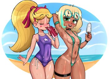 2girls absurdres areola_slip arm_at_side arm_behind_head arm_up armpits beach blonde_hair blue_sky blush body_freckles border breasts can closed_eyes closed_mouth collarbone cowboy_shot dark-skinned_female dark_skin day drink_can eyelashes fake_horns female_focus freckles freckles_on_breasts freckles_on_thighs from_side glasses_on_head green-framed_eyewear green_eyes green_hair green_one-piece_swimsuit hand_up highres horns jackie_lynn_thomas looking_at_viewer looking_to_the_side medium_breasts medium_hair multicolored_hair multiple_girls navel ocean one-piece_swimsuit open_mouth outdoors ponytail purple_one-piece_swimsuit round_eyewear rukisan(pixiv) sand sky slingshot_swimsuit small_breasts smile soda_can standing star_butterfly star_vs_the_forces_of_evil streaked_hair swimsuit tan tanline teeth thigh_strap tongue tongue_out two-tone_hair upper_teeth_only water white_border