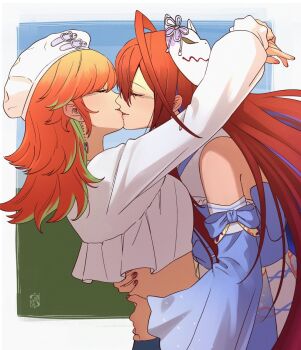 2girls ahoge alternate_costume beret border closed_eyes commentary commission earrings elizabeth_rose_bloodflame english_commentary hat hololive hololive_english hug iskaydi jewelry kiss long_hair mask mask_on_head multiple_girls orange_hair red_hair shirt takanashi_kiara virtual_youtuber white_border white_shirt yuri