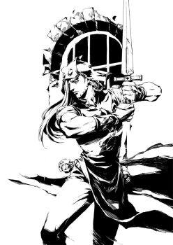 1boy beard bridal_gauntlets cowboy_shot executioner executioner&#039;s_sword executioner_hood facial_hair fleur-de-lis greyscale gyro_zeppeli hat highres holding holding_sword holding_weapon jojo_no_kimyou_na_bouken long_hair monochrome pelvic_curtain seyo short_sleeves solo steel_ball_(jojo) steel_ball_run sword weapon