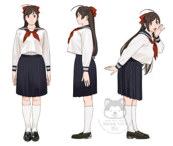 1girl ahoge alternate_costume black_hair black_sailor_collar black_skirt full_body hair_ribbon highres kantai_collection leaning_forward long_hair looking_at_viewer mamiya_(kancolle) multiple_views neckerchief ojipon pleated_skirt profile red_eyes red_neckerchief ribbon sailor_collar sailor_shirt school_uniform serafuku shirt simple_background skirt socks solo standing watermark white_background white_shirt white_socks