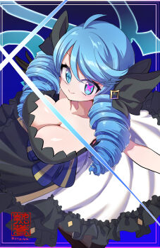 Rule 34 | 1girl, absurdres, blue eyes, blue hair, breasts, cleavage, dress, drill hair, gloves, gwen (league of legends), highres, huge breasts, league of legends, long hair, looking at viewer, matching hair/eyes, ribbon