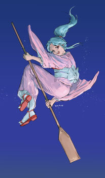 1girl absurdres blue_hair botan_(yu_yu_hakusho) flying full_body high_ponytail highres holding holding_oar japanese_clothes kimono long_hair long_sleeves looking_at_viewer nishida_(pixiv_50671594) oar object_riding open_mouth pink_kimono ponytail purple_eyes sidesaddle smile solo yuu_yuu_hakusho