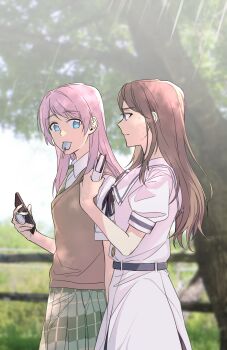 Rule 34 | 2girls, absurdres, bang dream!, bang dream! it's mygo!!!!!, belt, black ribbon, blue belt, blue eyes, brown hair, brown sweater vest, cellphone, chihaya anon, commentary, crimppp77, dress, food, food in mouth, green necktie, green skirt, haneoka school uniform, highres, holding, holding phone, korean commentary, long hair, mouth hold, multiple girls, nagasaki soyo, neck, necktie, outdoors, phone, pink hair, popsicle, popsicle in mouth, ribbon, school uniform, sidelocks, skirt, smartphone, sunlight, sweater vest, tree, tsukinomori school uniform, white dress