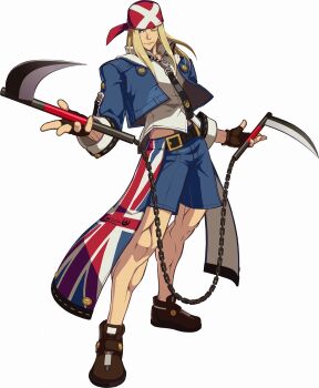 1boy 3d arc_system_works axl_low bandana belt blonde_hair blue_eyes chain denim fingerless_gloves gloves guilty_gear guilty_gear_xrd highres jacket jeans kusarigama long_hair male_focus official_art one_eye_closed pants shorts sickle textless_version union_jack weapon wink zipper