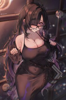 1girl absurdres bags_under_eyes belt black-framed_eyewear black_cardigan black_dress breasts cardigan cleavage colored_inner_hair commentary_request covered_navel dress floating_skull glasses goddess_of_victory:_nikke grin hair_over_one_eye halterneck hands_up highres label_(nikke) large_breasts long_dress long_hair looking_at_viewer messy_hair mole mole_on_breast multicolored_hair off_shoulder purple_eyes purple_hair purple_streaks sidelocks sleeveless sleeveless_dress smile solo very_long_hair yeuyes