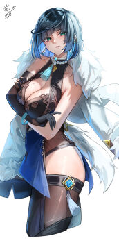 1girl absurdres arm_under_breasts bare_shoulders black_gloves black_hair blue_hair bracelet breasts chinese_commentary cleavage commentary cowboy_shot cropped_legs crossed_arms diagonal_bangs dress earrings elbow_gloves fur-trimmed_jacket fur_trim genshin_impact gloves green_eyes halter_dress halterneck hana_hebi highres jacket jacket_on_shoulders jewelry large_breasts looking_to_the_side mole mole_on_breast multicolored_hair short_hair simple_background single_elbow_glove solo tassel vision_(genshin_impact) white_background white_jacket yelan_(genshin_impact)