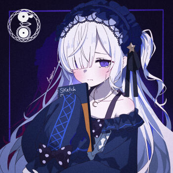 1girl blue_dress blue_headband blunt_bangs bow crescent crescent_necklace dress gokuchou gothic_lolita hair_over_one_eye hairband headband highres holding holding_sketchbook jewelry light_frown lolita_fashion lolita_hairband long_hair looking_at_viewer lumina_(1umin4) magical_girl mahou_shoujo_no_majo_saiban natsume_an-an necklace polka_dot polka_dot_bow purple_eyes sketchbook sleeves_past_fingers sleeves_past_wrists solo tearing_up tied_sleeves very_long_hair white_hair