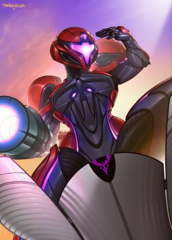 1girl absurdres arm_cannon armor danderfull highres metroid metroid_prime_4:_beyond motor_vehicle motorcycle nintendo power_suit_(metroid) purple_visor samus_aran shoulder_armor signature solo spread_legs vi-o-la_suit weapon