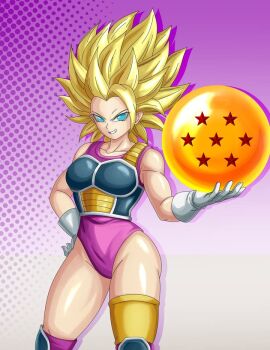 1girl ass blonde_hair blue_eyes boots breasts caulifla collarbone cosplay dragon_ball dragon_ball_(object) dragon_ball_gekishin_squadra dragon_ball_super dragonball_z gloves gradient_background green_eyes hands_on_own_head johnnydrawz knee_pads leotard long_hair pink_leotard purple_background saiyan saiyan_armor seripa seripa_(cosplay) smile super_saiyan super_saiyan_2 thighhighs vest white_background white_boots white_gloves yellow_thighhighs