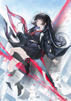 1girl absurdres arm_cutout black_hair black_jacket black_serafuku black_shirt black_shoes black_skirt black_socks chisa_(wuthering_waves) closed_mouth clothing_cutout commentary goguhaku highres holding holding_sword holding_weapon jacket long_hair long_sleeves looking_at_viewer red_eyes school_uniform serafuku shirt shoes skirt socks solo sword weapon wuthering_waves