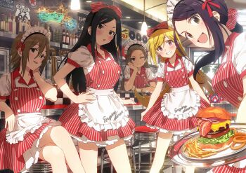5girls alternate_hairstyle apron arm_support bar_(place) bar_stool beer_tap black_hair blonde_hair blush bottle bow brown_eyes brown_hair burger commentary counter crossed_legs diner dress earrings enjin flag food french_fries fujimoto_rina green_eyes grey_eyes hair_bow hair_down hair_ribbon highres idolmaster idolmaster_cinderella_girls idolmaster_cinderella_girls_starlight_stage indoors jewelry kimura_natsuki long_hair looking_at_viewer maid_headdress matsunaga_ryo motor_vehicle motorcycle mukai_takumi multiple_girls neon_lights one_eye_closed onion_rings open_mouth plate ponytail ribbon road_sign scrunchie short_hair short_sleeves sign smile sonsoso stool striped_clothes striped_dress striped_scrunchie tray vertical-striped_clothes vertical-striped_dress vinyl_record waist_apron waitress yamato_aki