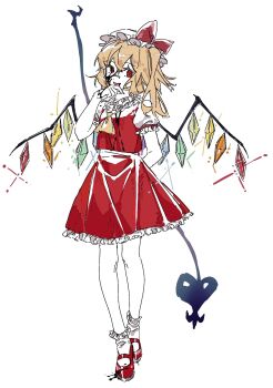 Rule 34 | 1girl, arm behind back, ascot, black blood, blonde hair, blood, blood on clothes, blood on face, blood on hands, blood on shoes, bow, commentary request, crystal, crystal wings, flandre scarlet, frilled shirt collar, frilled skirt, frilled sleeves, frilled socks, frills, full body, glint, hat, hat bow, highres, laevatein (touhou), looking at viewer, mary janes, mob cap, multicolored wings, one side up, open mouth, puffy short sleeves, puffy sleeves, red bow, red eyes, red ribbon, red shoes, red skirt, red vest, ribbon, shiorondo, shirt, shoes, short sleeves, side ponytail, simple background, skirt, skirt set, smile, socks, solo, touhou, vest, white background, white hat, white shirt, white socks, wings, yellow ascot