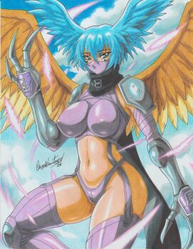 1girl absurdres bikini bird_wings black_scarf blue_eyes blue_hair breasts claws covered_mouth digimon digimon_(creature) feathered_hair feathers highres large_breasts mask mouth_mask navel purple_bikini ravernclouk_design scarf shutumon sky solo swimsuit wings