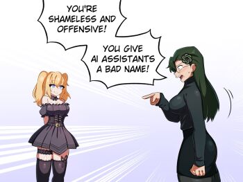 Rule 34 | 2girls, aki (sketchkun), ani (xai), bare shoulders, belt, belt buckle, black belt, black choker, black dress, black hair, black shirt, black skirt, black thighhighs, blonde hair, blue eyes, blush, breasts, buckle, chatgpt, choker, cleavage, commentary, dress, english commentary, english text, glasses, hair between eyes, hair ornament, hand up, large breasts, logo hair ornament, long hair, long sleeves, merryweather, mole, mole under mouth, multiple girls, off-shoulder dress, off shoulder, open mouth, personification, shirt, short dress, skirt, sleeves past wrists, small sweatdrop, smile, speech bubble, standing, talking, thigh strap, thighhighs, turtleneck, turtleneck shirt, twintails, white background, xai (company)