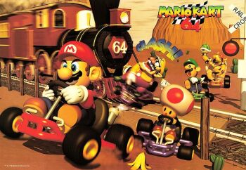 Rule 34 | 1990s (style), 5boys, banana peel, bowser, cactus, car, crash, desert, facial hair, gloves, hat, luigi, mario, mario (series), mario kart, mario kart 64, motor vehicle, multiple boys, mustache, nintendo, official art, open mouth, outdoors, overalls, racing, railroad crossing, retro artstyle, smile, super mario bros. 1, toad (mario), train, wario
