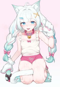 1girl absurdres ahoge animal_ear_fluff animal_ears animal_slippers bell blue_eyes blue_hair blush bow braid camisole cat_ears cat_girl cat_tail collar densetsu.exe dolphin_shorts frilled_camisole frilled_straps frills gradient_hair green_hair hair_ornament highres long_hair mint_fantome mint_fantome_(otaku) mirumiruchan multicolored_hair navel neck_bell open_mouth pink_background pink_collar pink_shorts shorts slippers solo stomach sweat tail tail_bow tail_ornament twin_braids virtual_youtuber white_hair x_hair_ornament