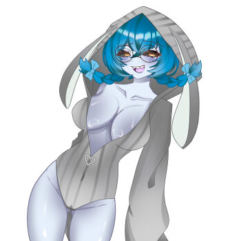 1girl black_sclera blue_hair blush boob_win braid breasts cameltoe cleavage_cutout clothing_cutout colored_sclera colored_skin colored_tongue eavage glasses grey_skin highleg highleg_leotard highres leotard long_sleeves oversized_clothes pigtail_braids purple_tongue rabbit_ears sharp_teeth sleeves_past_wrists socks_agency teeth thighs tiefling twin_braids twintails yellow_eyes yomi_quinnley