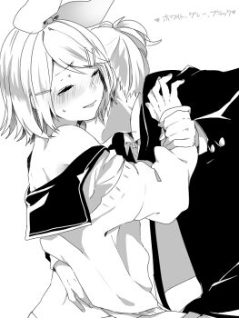 1boy 1girl bow brother_and_sister closed_eyes embarrassed faceless faceless_male grabbing_from_behind greyscale hair_bow hair_ornament hair_ribbon holding_another's_wrist incest kagamine_len kagamine_rin kuronyanko licking licking_another's_neck lips monochrome necking ponytail pulling ribbon school_uniform short_ponytail siblings tearing_up twincest twins undressing vocaloid wavy_mouth
