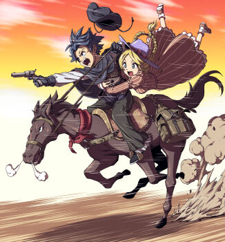 Rule 34 | 1boy, 1girl, aiming, bandolier, belt, black boots, black cloak, black eyes, black gloves, black hair, black hat, black pants, blonde hair, blue eyes, boots, braid, breasts, brown belt, brown dress, brown vest, check clothing, chest belt, cloak, clothing request, commentary request, cowboy hat, cowboy western, dress, dust cloud, freckles, frilled dress, frills, gloves, gradient sky, gun, handgun, hands up, hat, highres, holding, holding gun, holding weapon, horse, horseback riding, hug, hug from behind, inuno rakugaki, long dress, long hair, medium breasts, messy hair, motion lines, multicolored sky, open mouth, orange sky, original, pants, parted bangs, revolver, riding, shirt, short hair, sidelocks, sky, striped clothes, striped dress, tearing up, teeth, tongue, twin braids, two-tone dress, v-shaped eyebrows, vertical-striped clothes, vertical-striped dress, vest, weapon, weapon request, white dress, white shirt, wide mouth, yellow sky