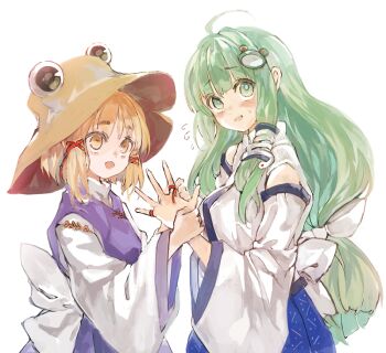 Rule 34 | 2girls, ahoge, bare shoulders, blonde hair, blouse, blue skirt, blush, bow, commentary request, detached sleeves, finger ribbon, frog hair ornament, green eyes, green hair, hair bow, hair ornament, hair tubes, hat, holding hands, kochiya sanae, konabetate, long hair, long sleeves, looking at another, looking away, moriya suwako, multiple girls, open mouth, orange eyes, purple vest, red ribbon, ribbon, shirt, short hair, skirt, snake hair ornament, sweatdrop, touhou, turtleneck, upper body, vest, waist bow, white background, white bow, white shirt, wide sleeves