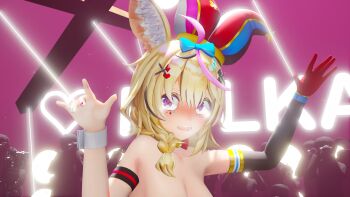 1girl 3d animal_ear_fluff animal_ears blonde_hair blush breasts clown_girl clown_hat fennec fox_ears fennec_fox fox fox_girl hair_ornament highres hololive no_bra omaru_polka out-of-frame_censoring photographer purple_eyes solo_focus u30a2u30c0u30e0u30b9u30dfu30b9 upper_body virtual_youtuber