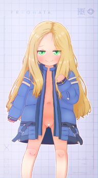 1girl absurdres blonde_hair blue_coat blush bottomless censored coat copyright_name diana_(pragmata) gluteal_fold green_eyes groin heart heart_censor highres loli long_hair naked_coat naughty_face navel no_shirt pragmata pussy smile smoog solo thighs