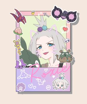 1girl arrow_(symbol) berry_(pokemon) blue_eyes card character_name collarbone commentary_request freckles garbodor gen_1_pokemon gen_5_pokemon gen_8_pokemon grey_hair hair_bobbles hair_ornament heart highres jiang_jiang_(swpv5248) koffing looking_at_viewer nintendo pecharunt poke_ball_print pokemon pokemon_(creature) pokemon_bw2 roxie_(pokemon) scolipede spoken_heart star_(symbol) tongue tongue_out topknot toxel trubbish