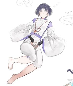 Rule 34 | 1boy, armor, barefoot, blunt ends, bow, choppy bangs, closed mouth, clothing cutout, cropped, facing viewer, feathers, genshin impact, grey hair, hands on own crotch, highres, japanese armor, japanese clothes, kariginu, kimono, kote, kurokote, layered sleeves, light blush, long sleeves, lying, male focus, on back, pants, pelvic curtain, plant, pom pom (clothes), purple bow, purple kimono, purple sash, purple sleeves, sash, scaramouche (genshin impact), scaramouche (kabukimono) (genshin impact), sheep, shoulder cutout, sketch, sleeping, solo, spoken animal, string, toenails, toes, unconscious, white background, white pants, white sleeves, wide sleeves, x makila, yellow feathers, zzz