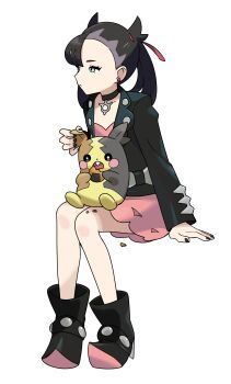 1girl absurdres asymmetrical_bangs black_choker black_hair black_jacket black_nails choker closed_mouth commentary_request dress earrings gen_8_pokemon green_eyes hair_ribbon highres himurohiromu jacket jewelry long_sleeves marnie_(pokemon) morpeko morpeko_(full) nintendo open_clothes pink_dress pokemon pokemon_(creature) pokemon_swsh red_ribbon ribbon twintails