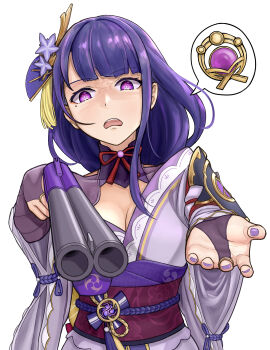 1girl aiming angry armor at_gunpoint blunt_bangs breasts bridal_gauntlets caturion cleavage clothing_cutout fan_hair_ornament finger_on_trigger flower_ornament genshin_impact glowing glowing_eyes gun hair_ornament head_tilt highres holding holding_gun holding_weapon japanese_clothes kimono large_breasts long_sleeves looking_at_viewer looking_down meme mitsudomoe_(shape) mixed-language_commentary mole mole_under_eye neck_ribbon off_shoulder open_mouth purple_eyes purple_hair purple_kimono purple_nails raiden_shogun reaching reaching_towards_viewer red_ribbon red_sash ribbon sash shaded_face shotgun shoulder_armor shoulder_cutout solo spoken_object standing teeth threat tomoe_(symbol) upper_body upper_teeth_only vision_(genshin_impact) weapon wide_sleeves