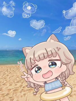 1girl :d animal_ear_fluff animal_ears arm_up artist_self-insert bare_arms bare_shoulders bikini blue_bikini blue_eyes blue_sky blush blush_stickers braid brown_hair chibi cloud commentary_request day highres horizon innertube long_hair looking_at_viewer mochimiko navel nose_blush open_mouth original outdoors photo_background sky smile solo_focus swim_ring swimsuit twin_braids v water