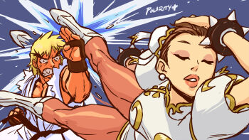 1boy 1girl blocking blonde_hair boots bracelet breasts brown_hair brown_pantyhose bun_cover capcom china_dress chinese_clothes chun-li clenched_hand clenched_teeth closed_eyes commentary dougi dress earrings english_commentary evo_moment_#37 forehead gameplay_mechanics guard hand_in_own_hair highres jewelry ken_masters kicking large_breasts lipstick makeup meme naoya_hitting_choso_without_looking_(meme) pantyhose parted_lips pearl_earrings polarityplus serious smile spiked_bracelet spikes street_fighter street_fighter_iii_(series) teeth thick_eyebrows white_boots