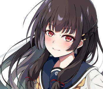 1girl black_hair blue_sailor_collar blush closed_mouth commentary_request dairyo3 highres isokaze_(kancolle) kantai_collection long_hair looking_at_viewer red_eyes sailor_collar sailor_shirt school_uniform serafuku shirt simple_background smile solo upper_body white_background wispy_bangs