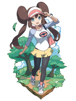 1girl bag black_pantyhose blue_eyes breasts bright_pupils brown_hair collarbone commentary_request donut_hair_bun double_bun hair_bun hat highres kanbei_(pixiv11037490) leaf long_hair looking_at_viewer medium_breasts nintendo open_mouth pantyhose pantyhose_under_shorts poke_ball_print pokemon pokemon_bw2 raglan_sleeves rosa_(pokemon) shirt shorts shoulder_bag smile solo teeth tree twintails upper_teeth_only visor_cap white_background white_pupils white_shirt yellow_shorts