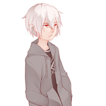 1boy accelerator_(toaru_majutsu_no_index) albino black_shirt closed_mouth commentary english_commentary expressionless from_side grey_hoodie hair_between_eyes hands_in_pockets hood hood_down hoodie long_sleeves nose red_eyes shirt short_hair simple_background solo toaru_majutsu_no_index unzipped upper_body vilatile white_background white_hair