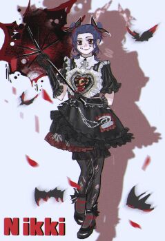 1girl animal ankle_boots bat_(animal) black_bloomers black_bow black_dress black_gloves black_pantyhose black_shoes bloomers blue_background blue_hair boots bow brown_eyes chain chinese_commentary closed_mouth commentary_request copyright_name crescent crescent_pin cross-laced_clothes cross-laced_dress dot_nose double_bun dream-like_night_(infinity_nikki) dress eyelashes facepaint forehead frilled_dress frilled_gloves frilled_sleeves frills full_body gloves gothic_lolita hair_bow hair_bun hair_ornament happy heart heart_hair_ornament heart_print highres holding holding_umbrella infinity_nikki lipstick lolita_fashion looking_at_viewer makeup nikki_(series) pale_skin pantyhose petals pink_lips pocket print_dress puffy_short_sleeves puffy_sleeves red_umbrella rose_petals shadow shoes short_dress short_hair short_sleeves smile solo standing striped_clothes striped_dress torn_clothes torn_pantyhose torn_umbrella umbrella underwear vertical-striped_clothes vertical-striped_dress yonghu_zhai_xiaocao