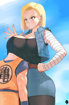 1boy 1girl android_18 bald bald_male belt between_breasts blonde_hair blue_eyes blush breasts cloud cloudy_sky couple dragon_ball face_to_breasts head_between_breasts head_under_another's_clothes highres husband_and_wife kuririn large_breasts muscular muscular_male pantyhose skirt sky slapping sweat thick_thighs thighs under_another's_clothes wide_hips