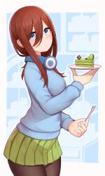 Rule 34 | 1girl, absurdres, atorie, birthday cake, blue eyes, blue sweater, breasts, brown hair, cake, cake slice, cowboy shot, food, fork, go-toubun no hanayome, green skirt, hair between eyes, headphones, headphones around neck, highres, holding, holding fork, holding plate, large breasts, long hair, looking at viewer, matcha (food), nakano miku, pantyhose, plate, pleated skirt, skirt, solo, sweater