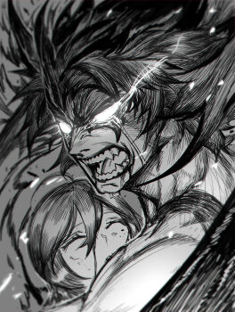 Rule 34 | 1boy, 1girl, blood, crying, devilman, devilman (character), devilman crybaby, eye trail, fangs, fudou akira, glowing, glowing eyes, greyscale, hair between eyes, light trail, makimura miki, monochrome, shen shipi (agil548g6h6), short hair, spiked hair, streaming tears, tears