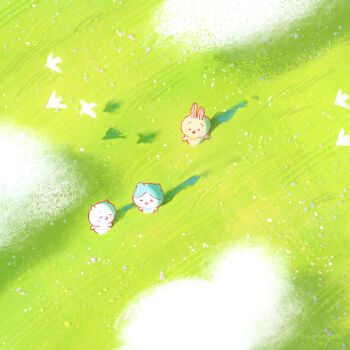 :3 bird bird_shadow chiikawa chiikawa_(character) closed_eyes cloud commentary day field from_above grass hachiware_(chiikawa) highres mel0nyans smile usagi_(chiikawa)