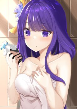 1girl after_bathing armpit_crease bare_shoulders blunt_bangs blush breasts cleavage collarbone commentary dango_milk_(genshin_impact) genshin_impact hair_ornament highres holding indoors large_breasts long_hair looking_at_viewer mob_the_nanana mole mole_under_eye naked_towel open_mouth purple_eyes purple_hair raiden_shogun shade shy solo surprised towel upper_body wet