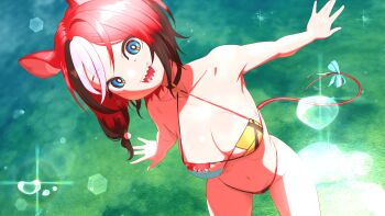 1girl absurdres alternate_costume animal_ears bikini black_hair blue_bikini blue_eyes bow breasts butayaro_kr commentary_request hakos_baelz highres hololive hololive_english korean_commentary large_breasts long_hair mouse_ears mouse_girl mouse_tail multicolored_bikini multicolored_hair navel open_mouth red_bikini red_hair sharp_teeth solo swimsuit tail tail_bow tail_ornament teeth virtual_youtuber white_hair yellow_bikini